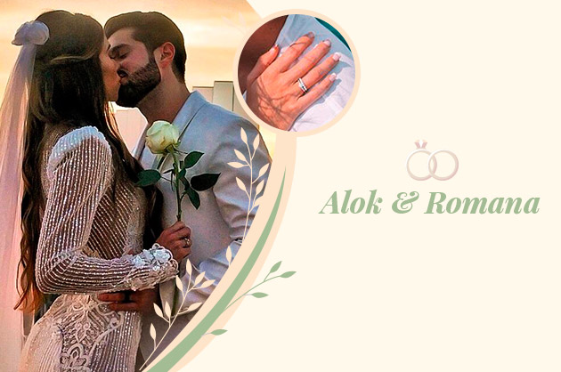 Alok e Romana se beijando no casamento, ela usa um anel solitário