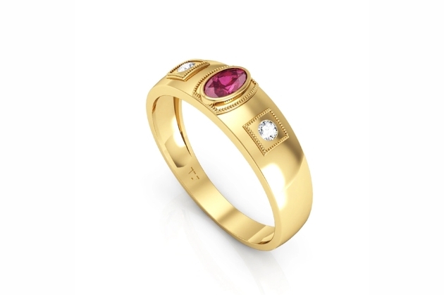Anel masculino com pedra oval vermelho rubi e zircônias brancas