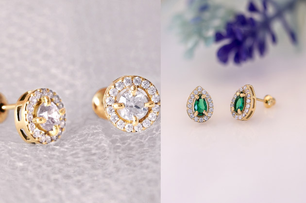 Brinco ponto de luz de ouro e brinco de gota, em ouro 18K e pedra verde