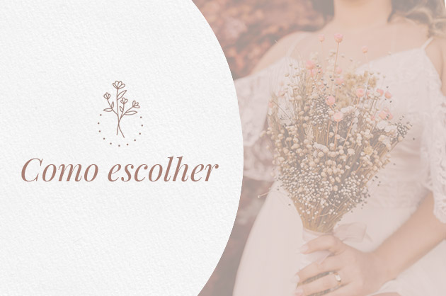 Como escolher o buquê Noiva ao fundo carregando um buquê estilo boho, ao lado está escrito: Como escolher
