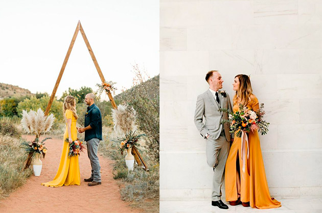 Noivos em um casamento estilo boho, a noiva usa um vestido amarelo