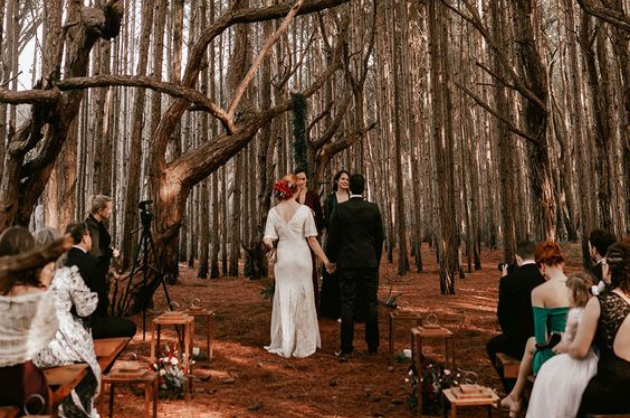 Cerimônia de casamento em um bosque de Florianópolis com várias árvores. Os convidados estão em bancos de madeira