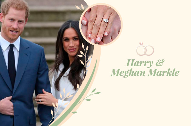 Foto de Harry e Meghan, ela coloca a mão no braço do marido e usa um anel solitário 
