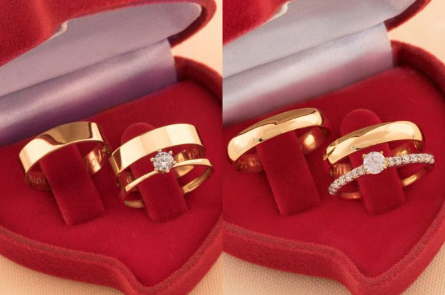 Kits de noivado com alianças e anel de ouro, em uma caixinha de veludo para o pedido de casamento