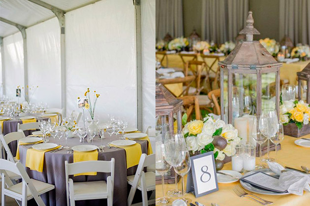 Mesa de jantar de casamento com decoração amarelo e cinza