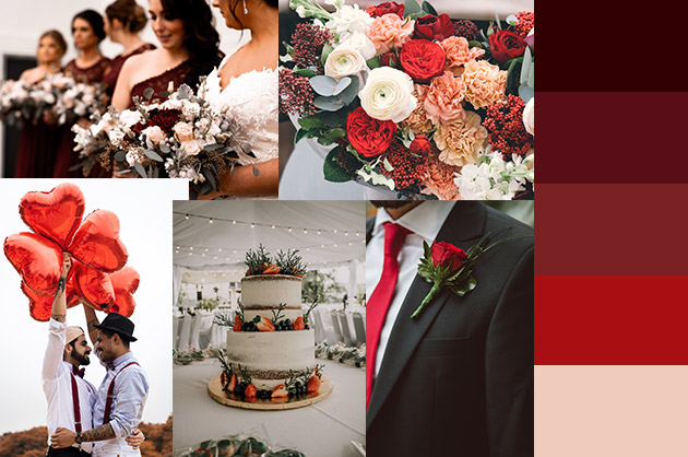 Paleta de cores com vermelho e vinho, e vários exemplos de como usar na decoração do casamento, roupas dos noivos e padrinhos
