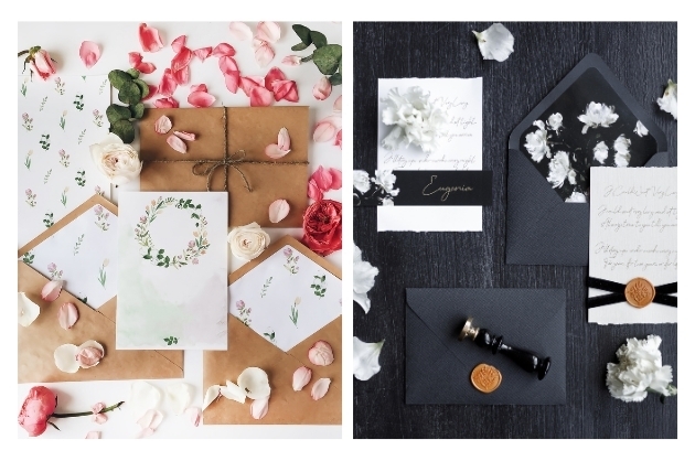 à esquerda convite de casamento branco com guirlanda de flores e folhas sobre envelopes pardos com o interior estampado de flores, à direita convites brancos com  envelope preto com o interior florido