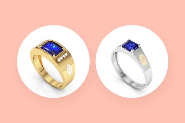 imagem com dois anéis de formatura: primeiro anel de ouro 18k espessura grossa e pedra azul; segundo anel de prata 950 e pedra azul