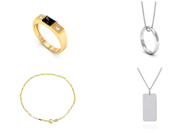 imagem com joias masculinas: anel de ouro, colar com aliança de prata, pulseira de ouro e colar de plaquinha de prata