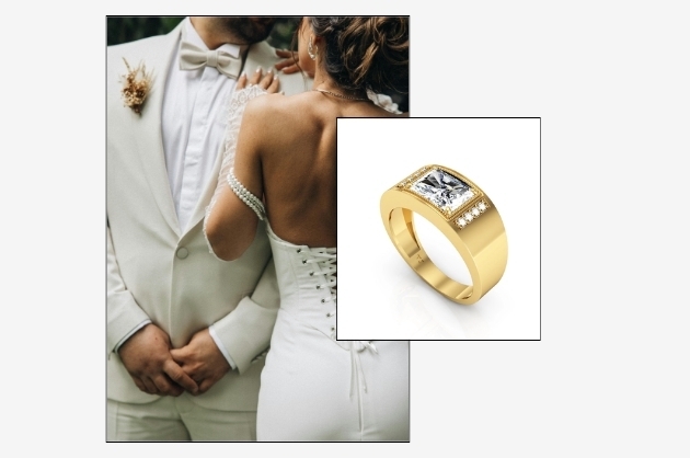 Noivo de terno off white abraça noiva que está de costas, à direita anel masculino de ouro
