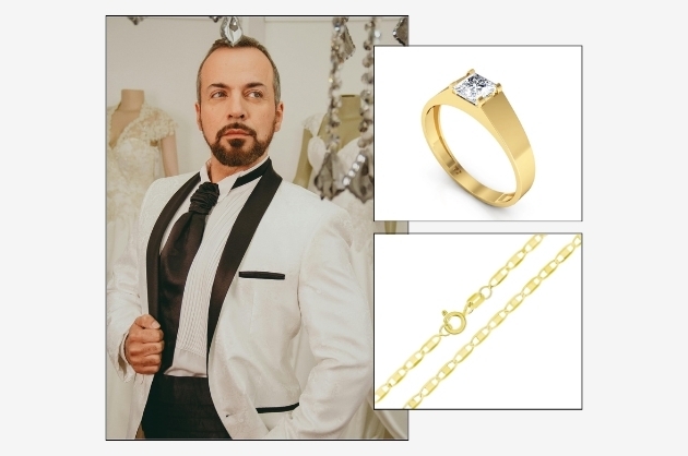 Noivo de smoking branco, à direita anel masculino com pedra branca e corrente masculina de ouro