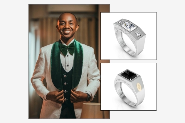 Noivo negro com fraque branco com detalhes verde em veludo, à direita anéis de prata masculinos com pedra branca e preta