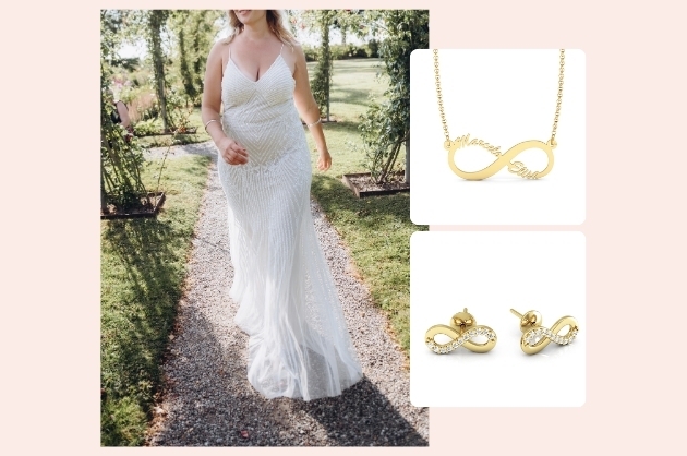 Noiva com vestido modelo sereia em tecido fluido transparente, à direita colar e brincos com símbolo do infinito com pedras brancas
