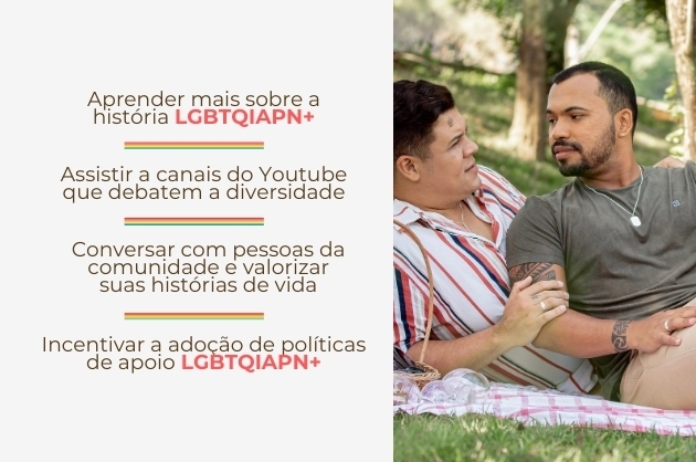 Foto de um casal de homens e ao lado algumas atitudes que todas as pessoas podem ter para apoiar a comunidade LGBTQIAP+