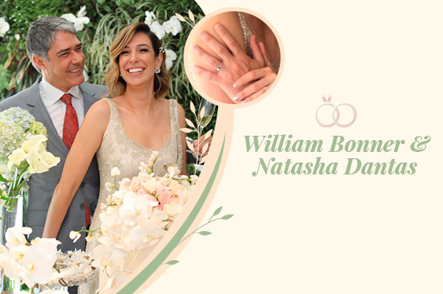 William Bonner e Natasha na festa de casamento, ao lado a aliança de casamento deles