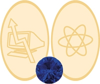 Ilustração de um átomo e computador com uma seta pra cima, abaixo uma pedra na cor safira, são usados no anel de formatura de tecnólogo em análise de sistemas