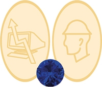 Pedra na cor safira azul e emblemas do anel de formatura de tecnólogo em segurança do trabalho: computador com seta para cima e homem com capacete