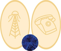 Desenho de um telefone com fio e uma torre de comunicação, a cor da pedra é safira azul